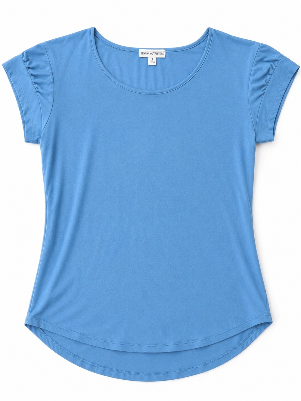 Zenana Sky Blue Puff Sleeve Scoop Neck Top Rayon Spandex High-Low Hem NWOT
